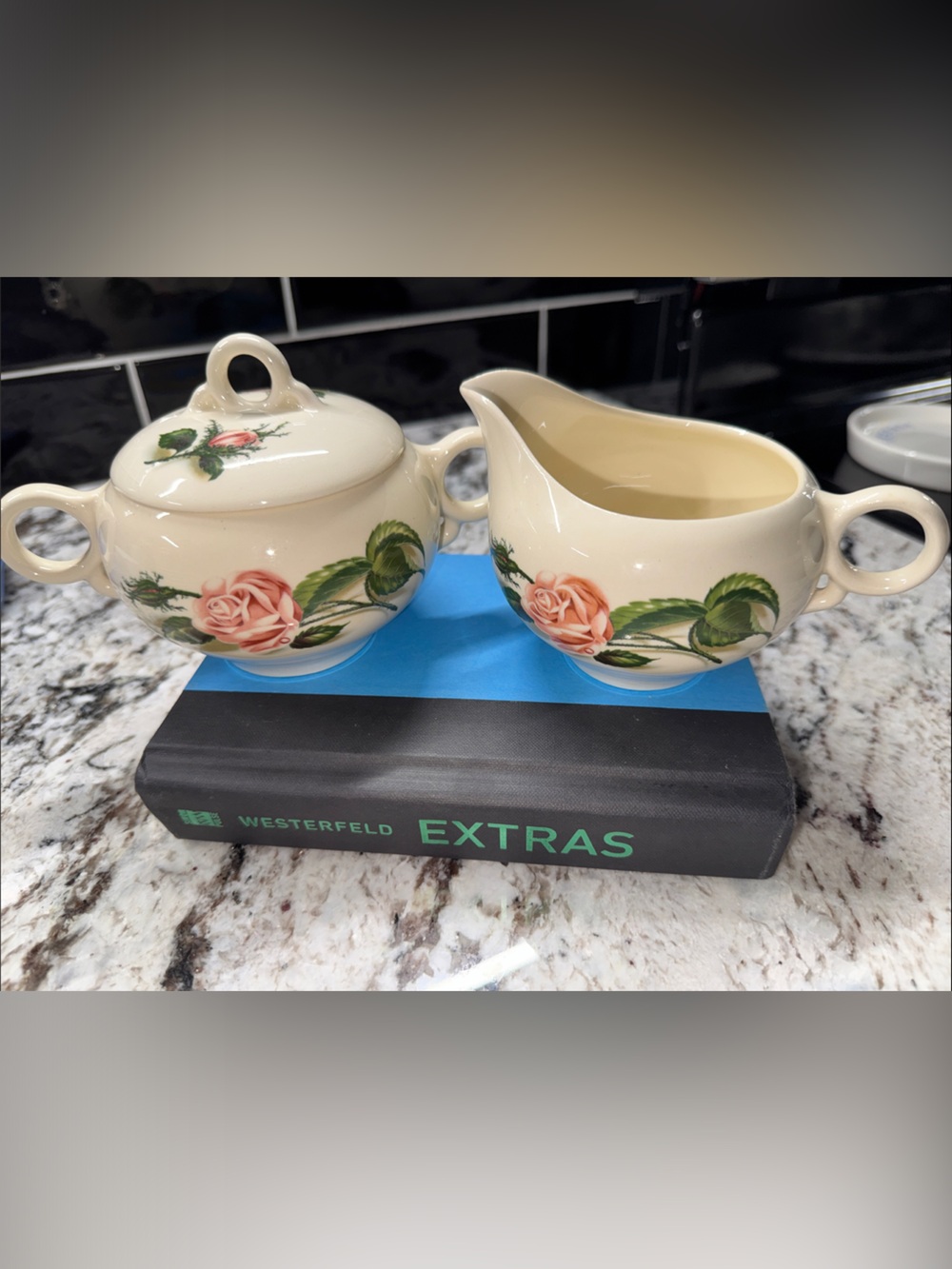 Vintage Cream Floral Ceramic Sugar and Creamer Set - Pink Rose Design